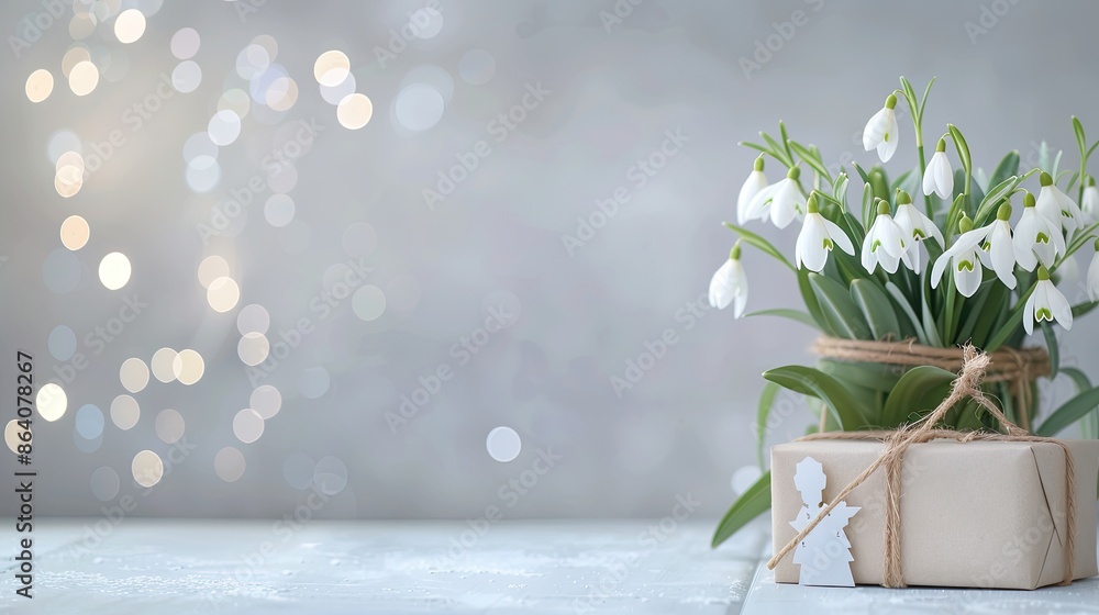 Obraz premium A bouquet of white snowdrop flowers in a white vase sits next to a wrapped gift on a rustic wooden table