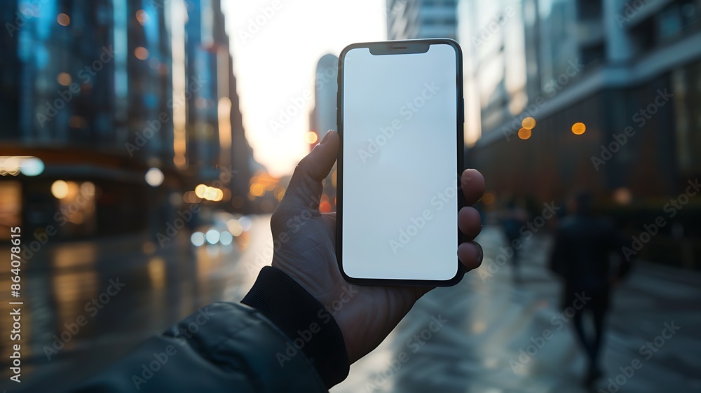 close-up shot of a smartphone with a white screen held in a person's hand, modern urban background, soft daylight close-up shot of a smartphone with a white screen held in a person's hand, modern urban background, soft daylight