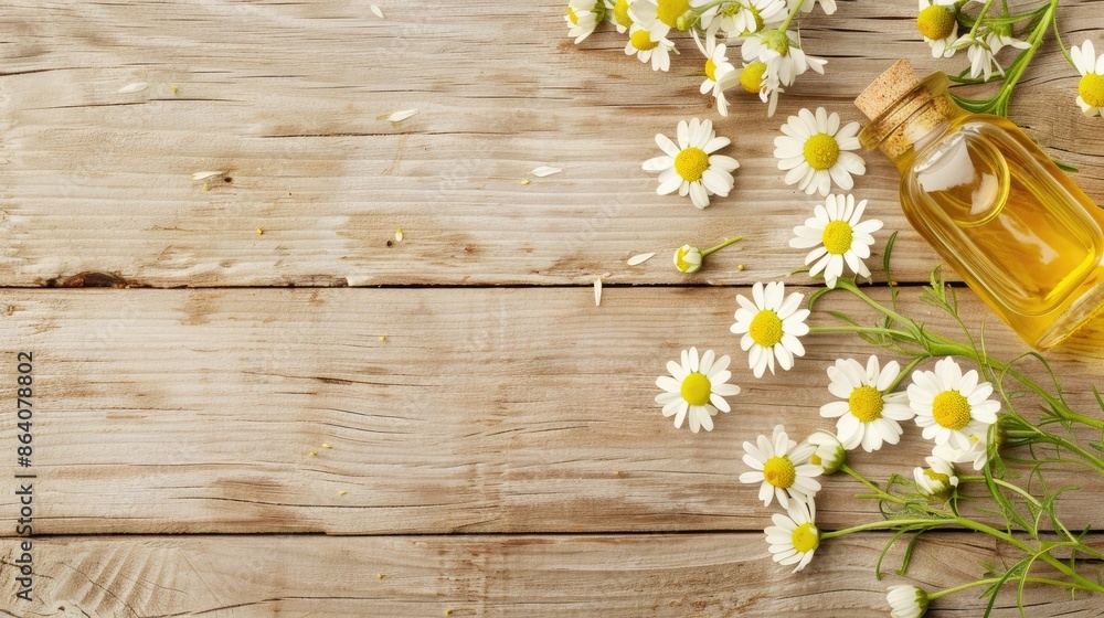 Obraz premium A glass bottle of chamomile essential oil with a dropper sits on a white wooden surface, surrounded by chamomile flowers