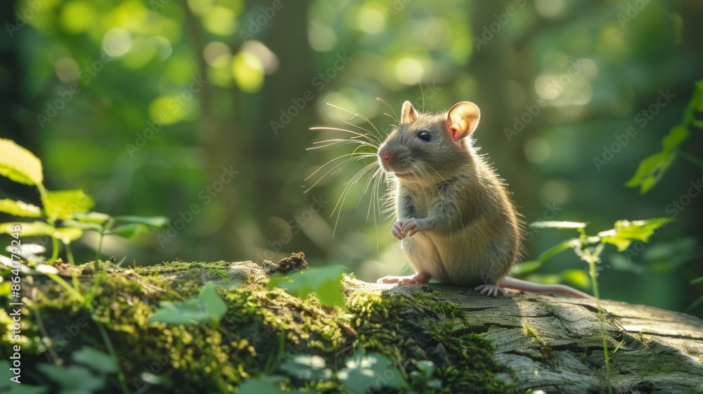 Small mouse on a log in the forest Small mouse on a log in the forest
