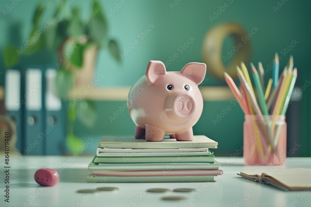 Pink piggy bank on a stack of notebooks, with coins scattered around, a green plant and pencils in the background. Concept of saving money, education, financial planning, and financial literacy.