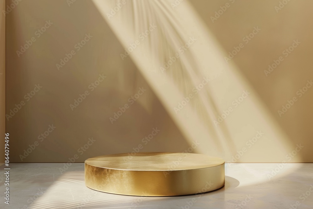 Golden podium mockup with sunlight and shadows for product display. Minimalist, elegant and modern design for product photography. Golden podium mockup with sunlight and shadows for product display. Minimalist, elegant and modern design for product photography.