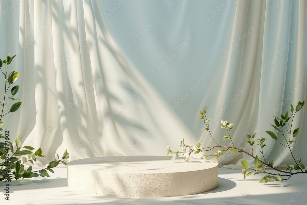 White Minimalist Product Display Stand with Green Foliage and White Curtains. Clean, simple aesthetic for showcasing products or branding. White Minimalist Product Display Stand with Green Foliage and White Curtains. Clean, simple aesthetic for showcasing products or branding.