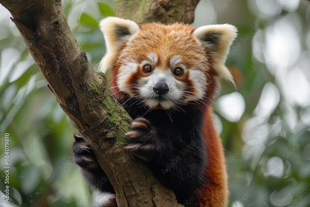 Obraz premium A red panda perched on a tree branch, its fluffy tail curled around its body and its curious eyes looking directly at the camera. 