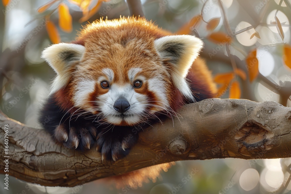 Obraz premium A red panda perched on a tree branch, its fluffy tail curled around its body and its curious eyes looking directly at the camera.