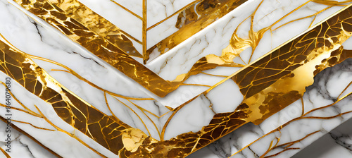 digital texture featuring antique gold inlay on the exquisite white surface of Statuario. Generative AI. photo