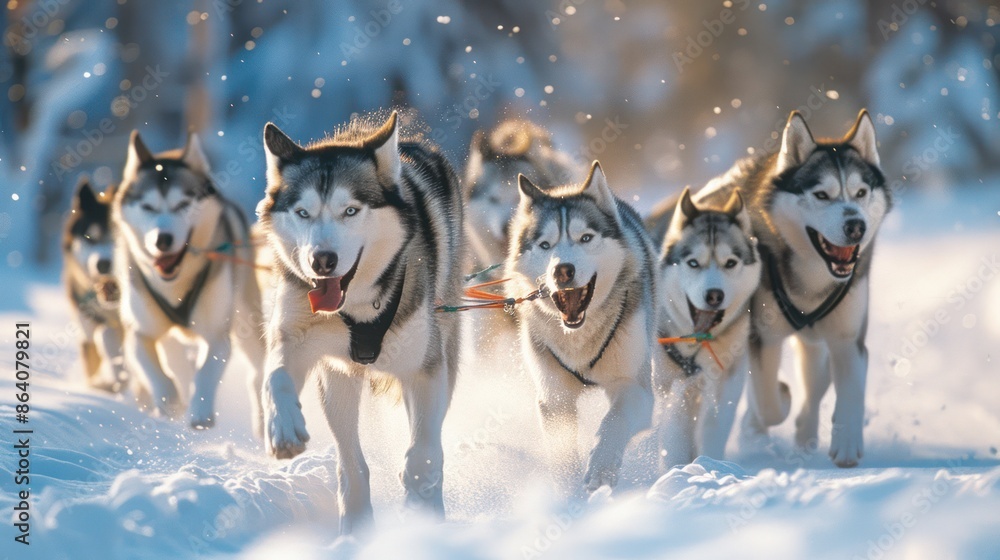 Powerful Huskies Pulling Sled Through Snow Powerful Huskies Pulling Sled Through Snow
