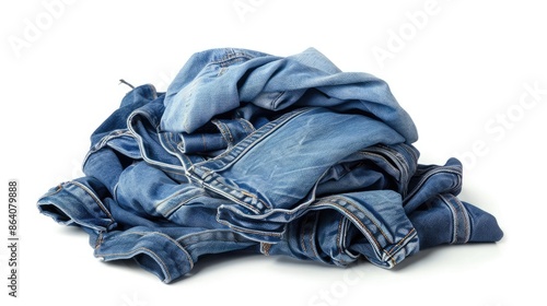 Blue denim jeans arranged in a pile on a white backdrop