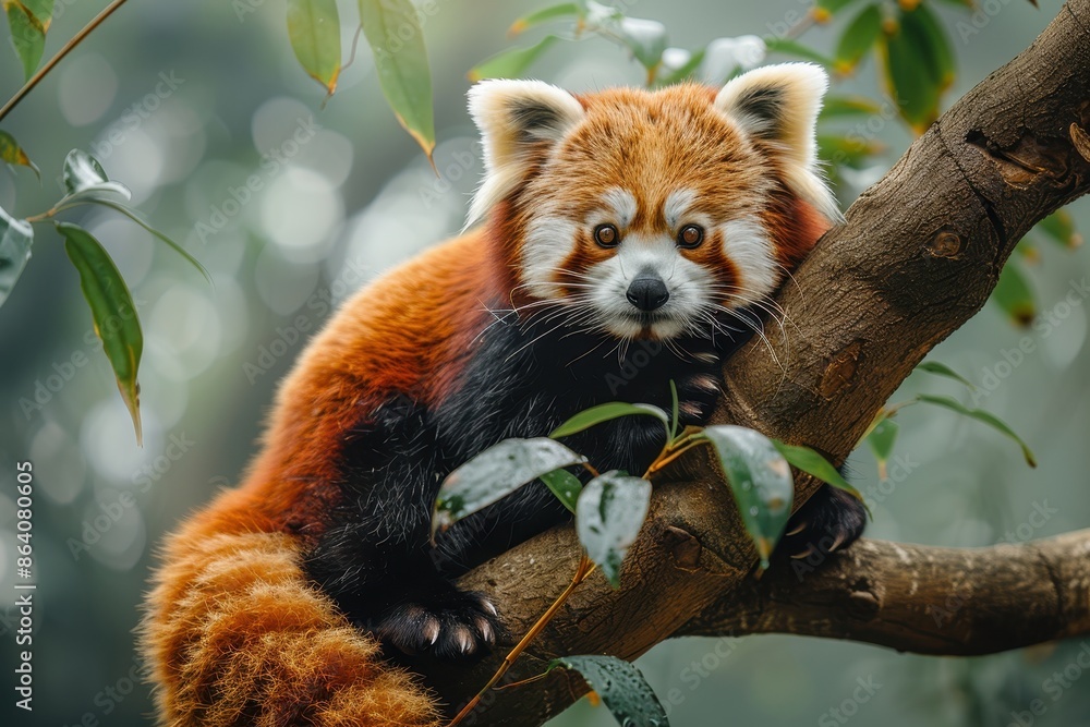 Obraz premium A red panda perched on a tree branch, its fluffy tail curled around its body and its curious eyes looking directly at the camera. 