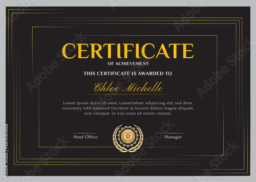 Elegant black and gold blue diploma certificate template with luxury badge and modern line pattern. For award, business, and education needs. Use for print, certificate, diploma, graduation.