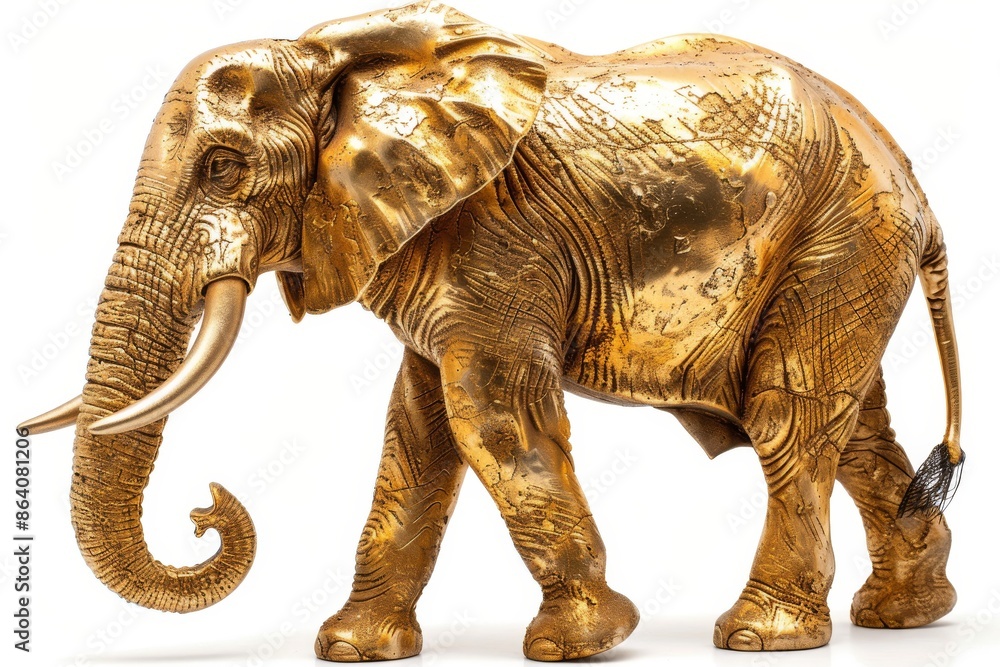 Fototapeta premium Golden elephant figurine standing on white background. Concept of wealth, fortune, and good luck.