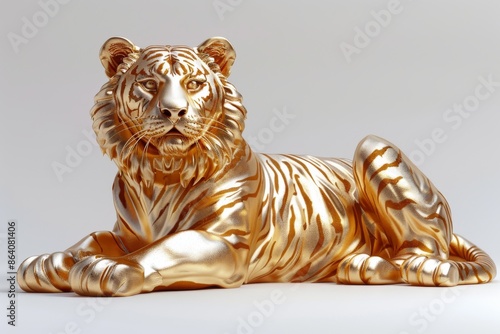 Golden tiger statue lying down, 3D rendering of tiger figurine with gold finish. Symbol of strength, power, and royalty. photo