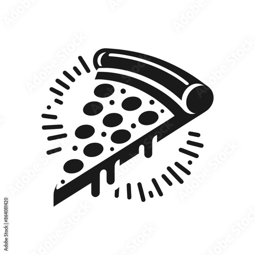 Black and White Vector Pizza Slice with Pepperoni and Cheese Dripping - Ideal for Pizzeria Branding and Food Illustrations