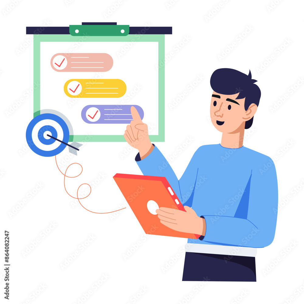 Employee working on target completion list, flat illustration Employee working on target completion list, flat illustration