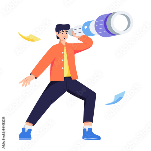 Man looking with spyglass denoting business vision, flat illustration 
