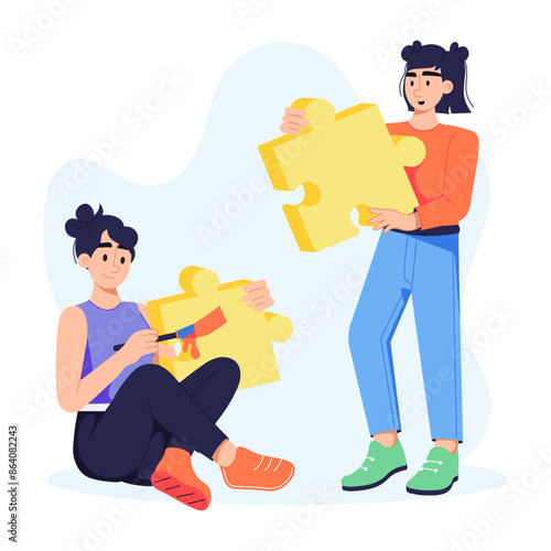 Team members finding problem solving solutions, flat illustration 