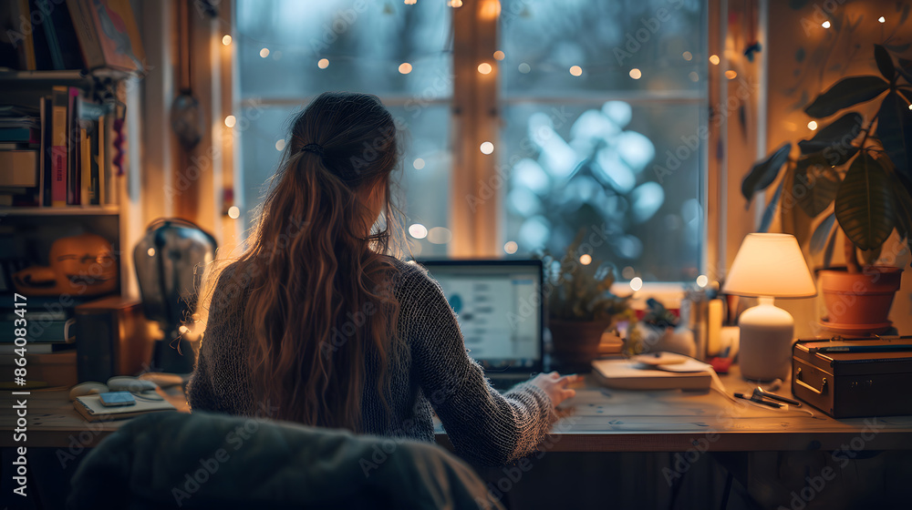 Casual and Comfortable: Evening Remote Work Lifestyle for a Young Woman Casual and Comfortable: Evening Remote Work Lifestyle for a Young Woman