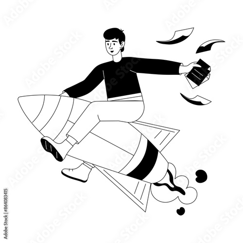 Person with a rocket is denoting business launch, glyph illustration 