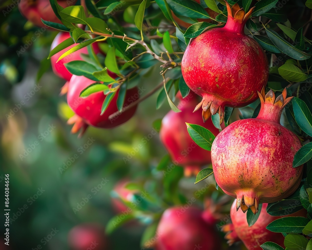 Pomegranates growing on a tree, vibrant red, healthy fruit, Pomegranates growing on a tree, vibrant red, healthy fruit,