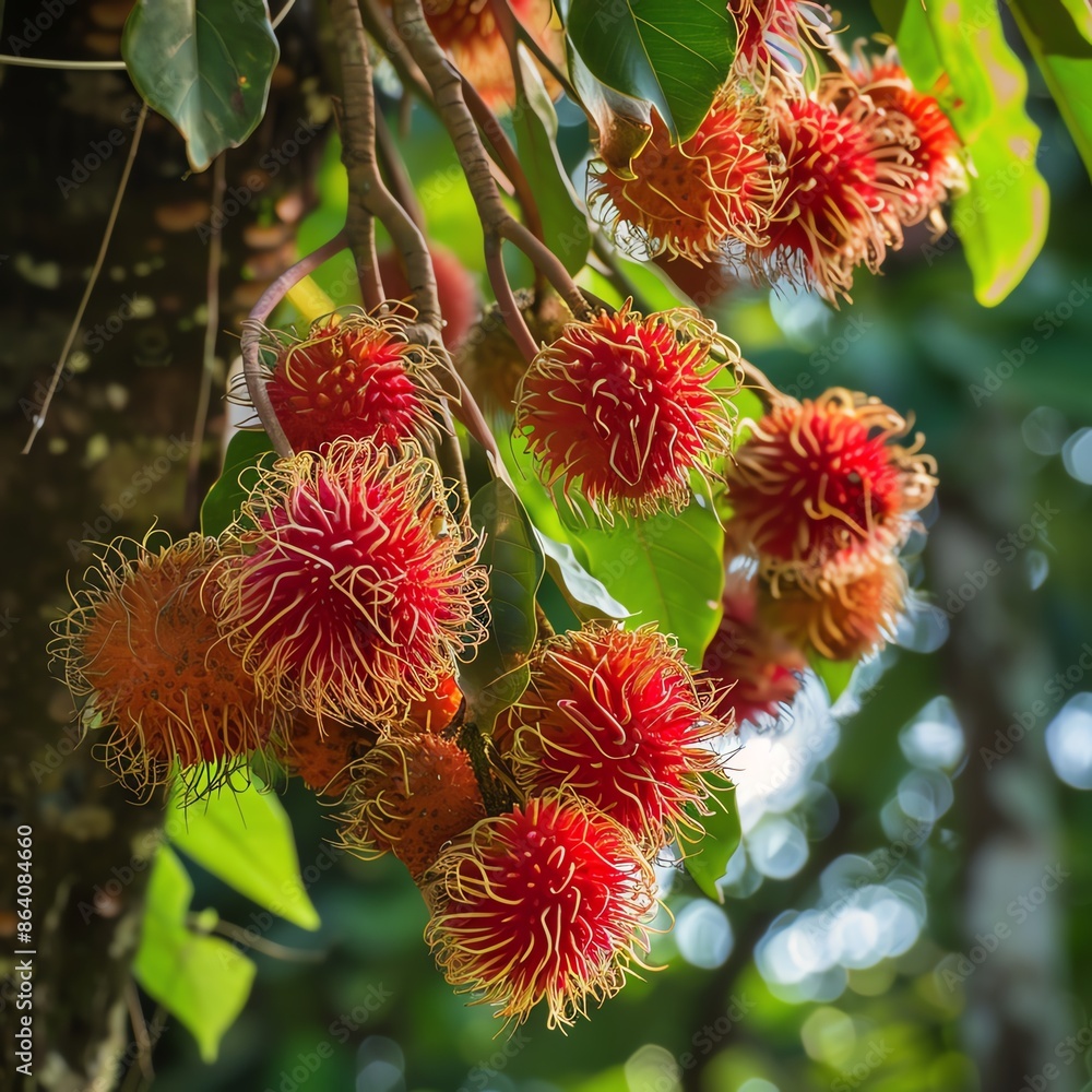 Rambutans hanging from a tree, unique fruit, tropical flavor, Rambutans hanging from a tree, unique fruit, tropical flavor,