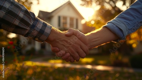 Obraz na płótnie Handshake Between Two People in Front of House w salonie