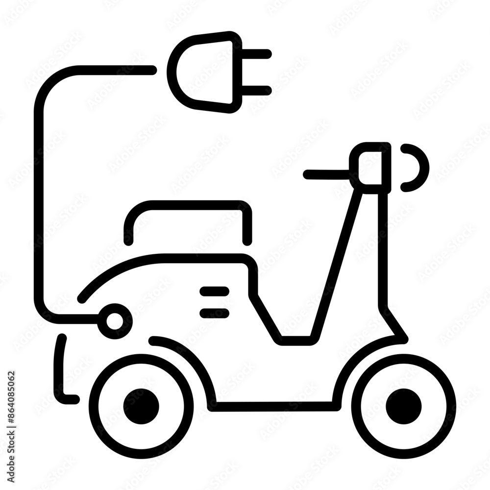Electric scooter with plug, outline icon Electric scooter with plug, outline icon