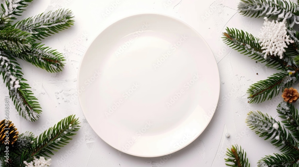 Christmas table decoration with empty plate on bright background Festive season theme Overhead view Ample space for text Christmas table decoration with empty plate on bright background Festive season theme Overhead view Ample space for text