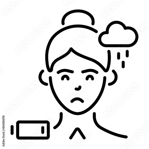 Person with rainy cloud and low battery denoting apathy, line icon 