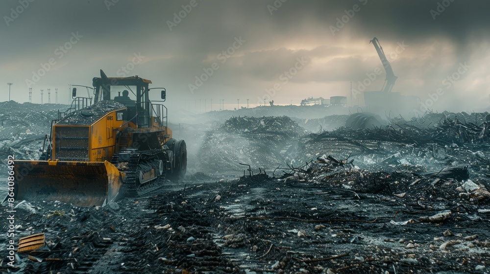 Bulldozer Working in a Smoke Filled Junkyard Bulldozer Working in a Smoke Filled Junkyard