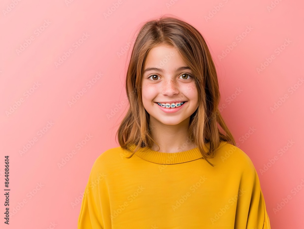 Teenager smiling with braces, joyful and carefree, vibrant background Teenager smiling with braces, joyful and carefree, vibrant background