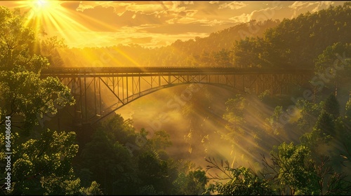 Steel arch bridge spans lush green valley at sunset, bathed in golden light. Concept of travel, journey, adventure, engineering, and nature