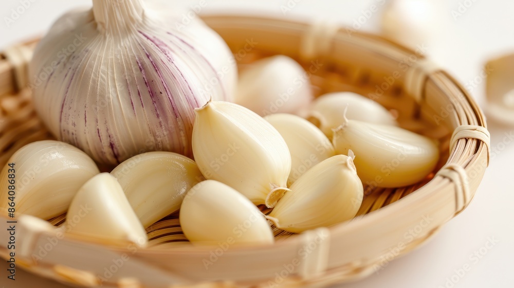 Close-up of fresh, peeled garlic cloves and whole garlic bulb in a basket, showcasing healthy ingredients for cooking. Close-up of fresh, peeled garlic cloves and whole garlic bulb in a basket, showcasing healthy ingredients for cooking.