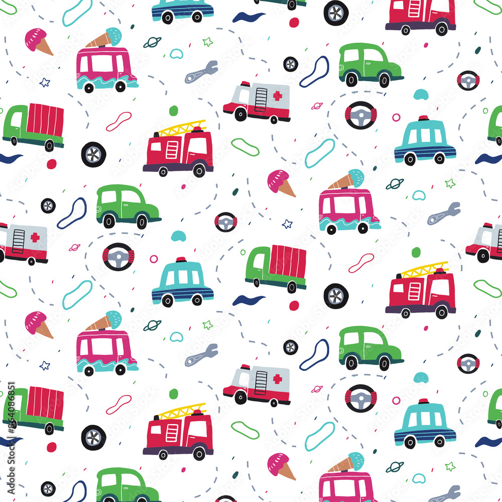 Obraz premium seamless pattern of color cars and trucks