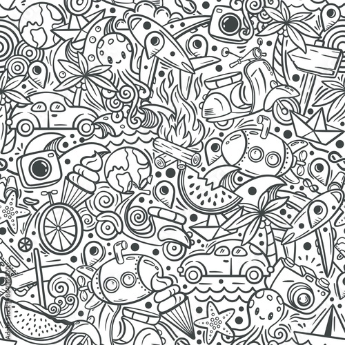 Doodle art seamless pattern. Coloring page on theme traveling. Outline pattern for children