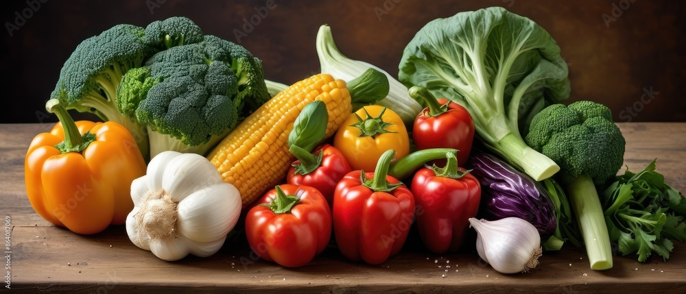 Fresh Organic Vegetables and Garlic on Wood Cutting Board. Colorful mix of bell peppers, broccoli, cucumbers, romaine lettuce and cherry tomatoes. Fresh Organic Vegetables and Garlic on Wood Cutting Board. Colorful mix of bell peppers, broccoli, cucumbers, romaine lettuce and cherry tomatoes.