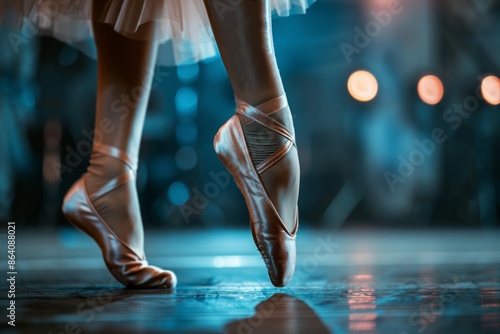 During the ballet performance, the dancer's legs in pointe shoes moved gracefully across the stage, captivating the audience