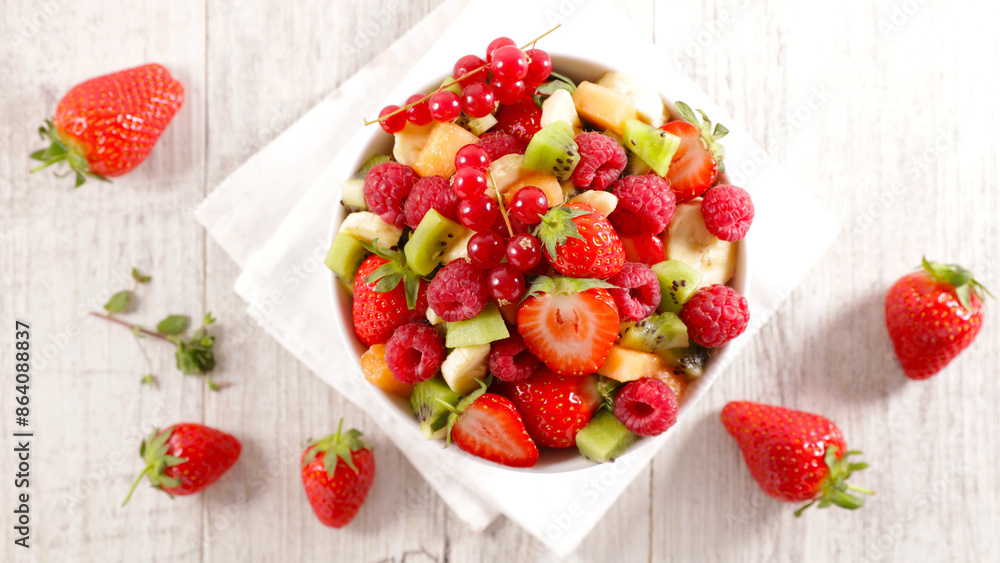 delicious fresh mixed fruits salad- top view delicious fresh mixed fruits salad- top view