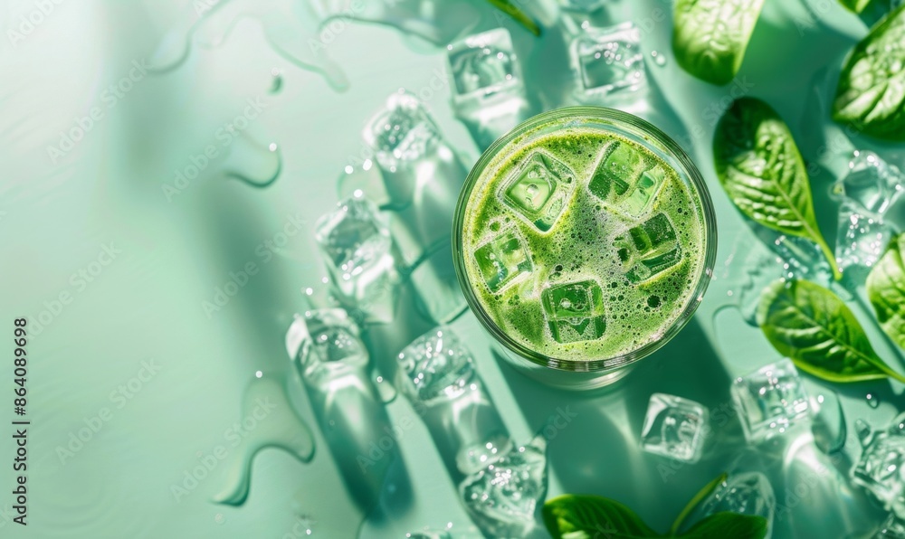Top view of a refreshing iced matcha latte with foam, served in a clear glass on a pastel green background Top view of a refreshing iced matcha latte with foam, served in a clear glass on a pastel green background