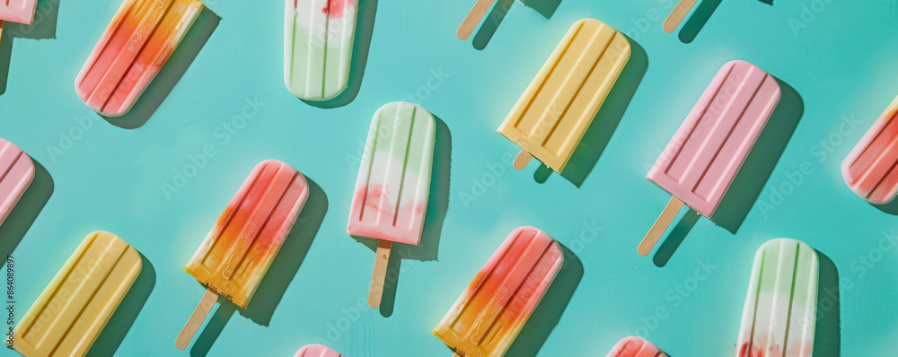 Ice cream background with a pattern of colorful ice cream sandwiches and popsicles on a mint green background. The design is cheerful and inviting, perfect for evoking a sense of summer fun. Ice cream background with a pattern of colorful ice cream sandwiches and popsicles on a mint green background. The design is cheerful and inviting, perfect for evoking a sense of summer fun.