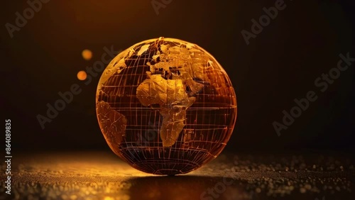 A video of a glowing golden globe sits on a reflective surface against a dark background. photo