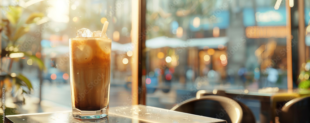 Iced coffee latte background depicting a busy urban café scene. The glass of iced coffee sits on a sleek, modern table, with bustling city life visible through the large windows. Iced coffee latte background depicting a busy urban café scene. The glass of iced coffee sits on a sleek, modern table, with bustling city life visible through the large windows.