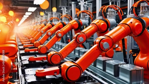 This is an video of several orange robotic arms on an assembly line. photo