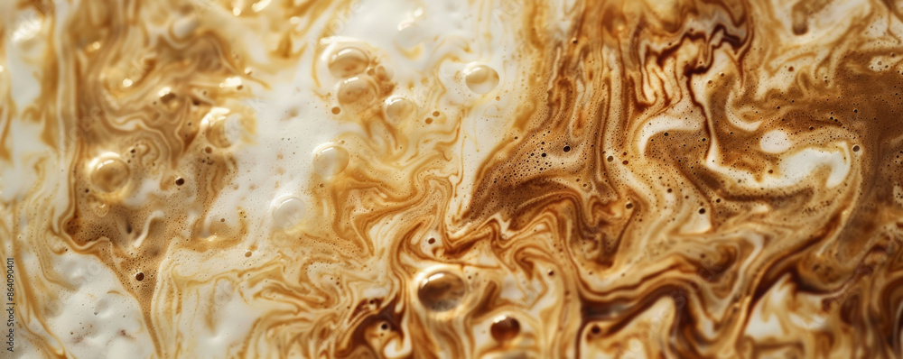 Iced coffee latte background showcasing a close-up of the coffee and milk swirling together in the glass. The rich colors and intricate details create a visually appealing and refreshing scene.