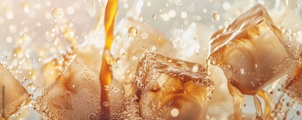 Iced coffee latte background showcasing a close-up of the coffee being poured over ice cubes, creating a dynamic and refreshing visual. The backdrop is a soft pastel color, adding a modern touch.