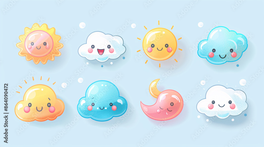 Adorable kawaii weather icons including hot and cold temperatures, on white background Adorable kawaii weather icons including hot and cold temperatures, on white background