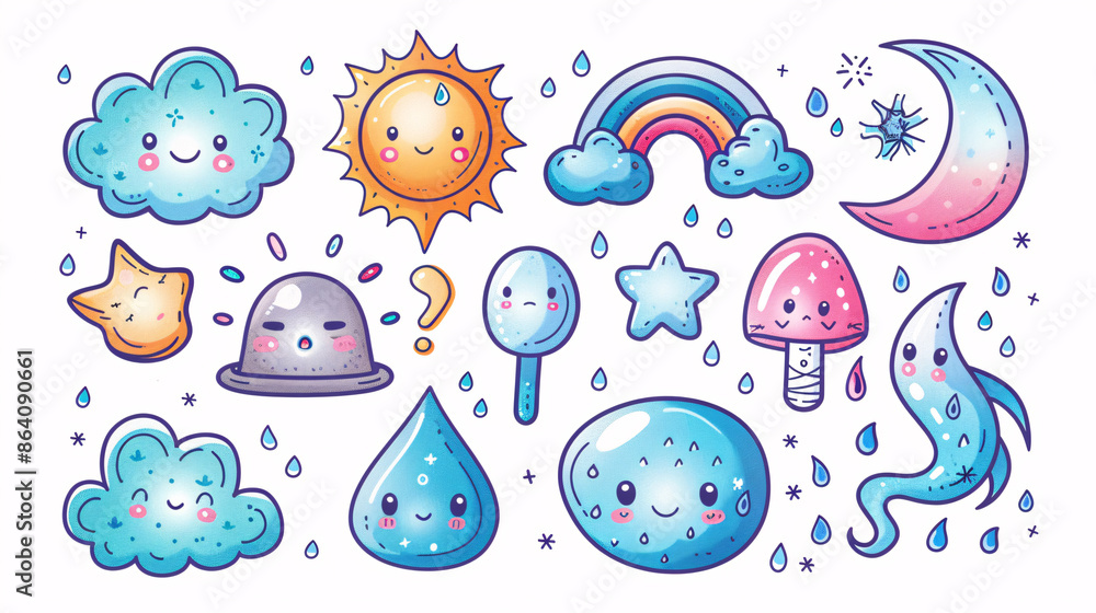 Adorable kawaii weather icons including hot and cold temperatures, on white background Adorable kawaii weather icons including hot and cold temperatures, on white background
