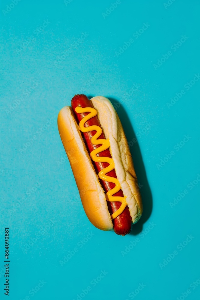 A delicious hot dog in a bun topped with mustard, showcasing aesthetic appeal and copy space for text A delicious hot dog in a bun topped with mustard, showcasing aesthetic appeal and copy space for text