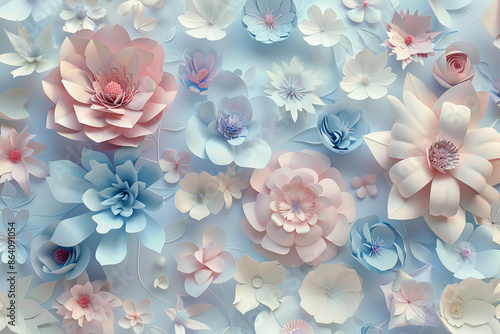 Pastel-colored paper flowers create a refined background in this 3D render, perfect for Valentine's Day or wedding cards. The blooming wall in paper art style is ideal for Easter and Mother's Day, © AI_images