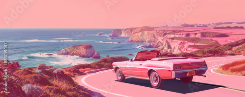 Summer vacation concept on a pink background showcasing a scenic coastal drive. A convertible car, winding roads along cliffs, and a pink-tinted sky suggest adventure and freedom. photo