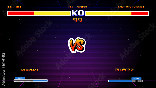 Versus Screen retro game on glitch background of analog tv	